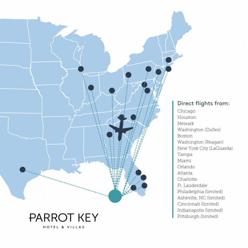 Parrot Key Hotel & Villa's map of non-stop flights to Key West